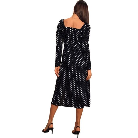 New! Lulus Charmed & Classy Black Polka Dot Midi Dress Sz M - Picture 4 of 6